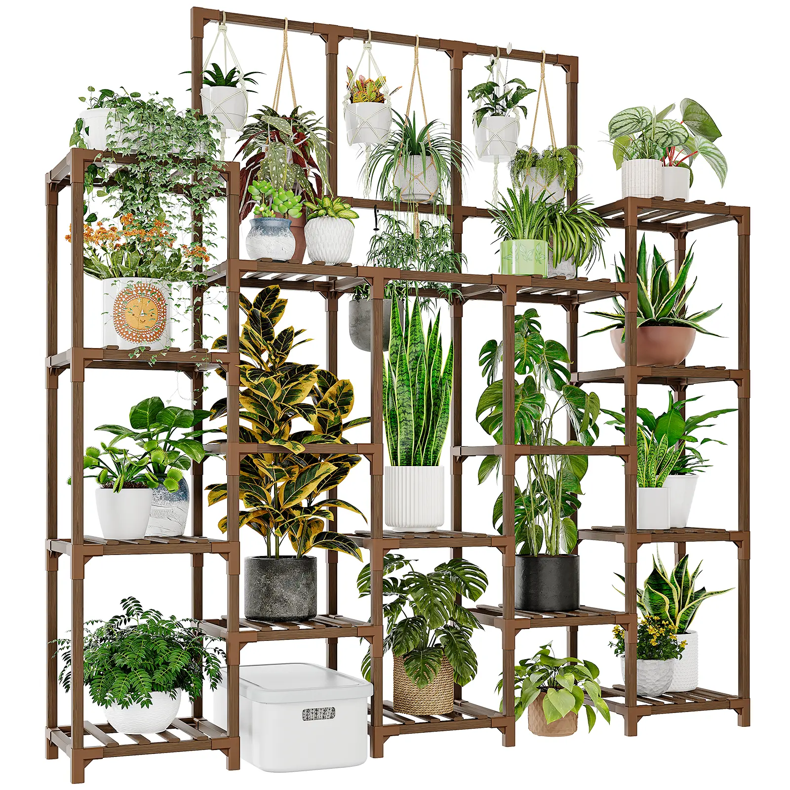 Bamworld 14-Tier 63" Tall Heavy-Duty Wood Plant Stand, Elevated Planter Rack, Quick-Setup Indoor-Outdoor Hanging Holder, Outdoor Garden Accessories for Succulent Pots, Flower Containers, Living Room Decor