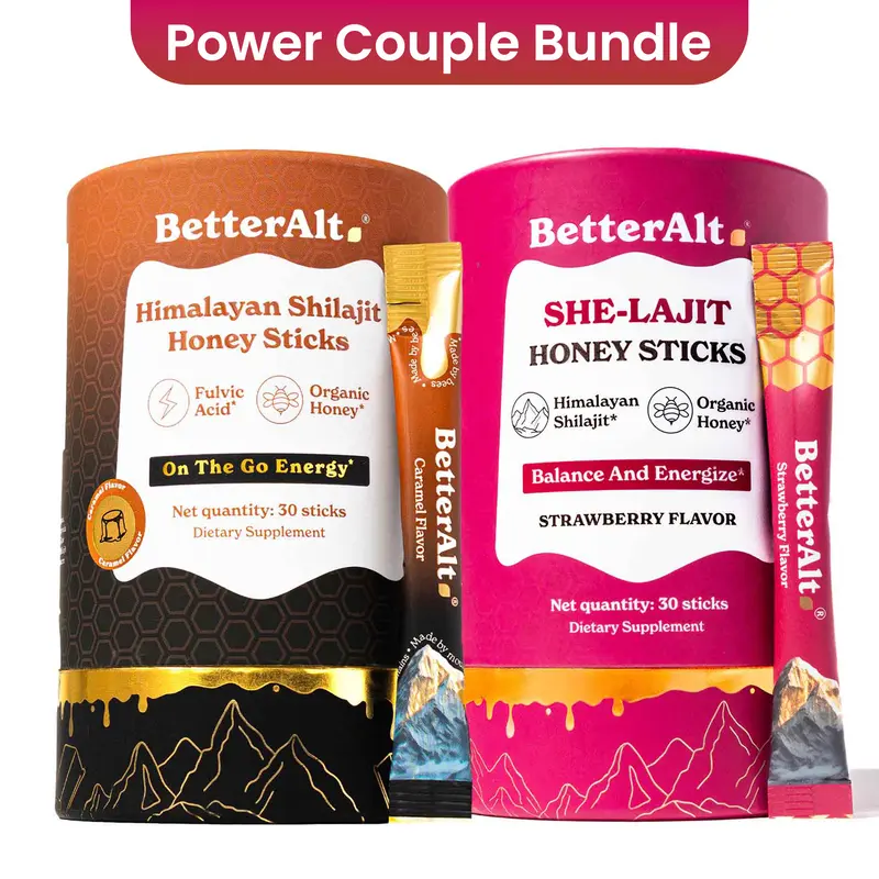 BOGO Him & Her Bundle |  Shilajit Honey Sticks (Caramel) + SHE-Lajit Honey Sticks (Strawberry) | For Couple Energy & Stamina | Dietary Supplement