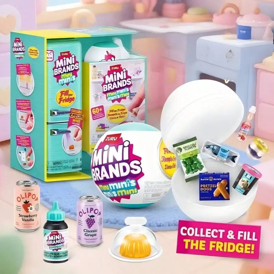 Mini Fridge Playset with Mini Brands Food Collection, Miniature Grocery Items Blind Box Toys, Realistic Mini Food Accessories, Fun Collectible Surprise Capsule Toy Set for Kids, Pretend Play Kitchen Fridge Toy