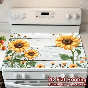 Single Piece, 2D Flat Printed Stove Cover Mat for Protection, Designed for Electric Ranges, Induction Cookers, And Glass Ceramic Cooktops, Featuring a Sunflower And White Wooden Pattern Made of Polyester