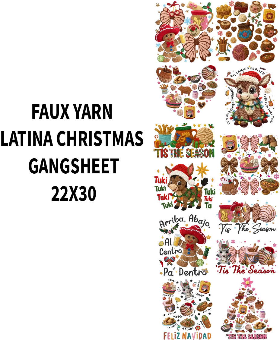 FAUX YARN LATINA CHRISTMAS DTF GANSHEET FOR SHIRT MAKING with Festive Gingerbread Design and Vibrant Colors