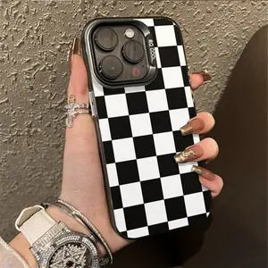 Checkerboard Pattern Silicone Smartphone Case for iPhone Series (17,16 Pro Max,15 Plus,14,13,12,11,Air Plus) - Shockproof, Anti-Scratch, Durable PC Back, Raised Lips Protector, Handheld Cellphone Accessory