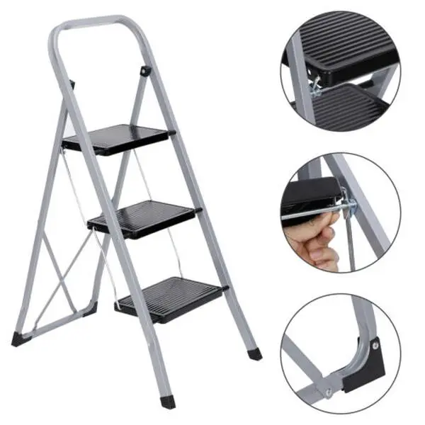 JupiterForce 3-Step Folding Step Ladder - Heavy-Duty, Lightweight, Portable for Indoor Use, Cleaning, Laundry Room, with Wide Anti-Slip Grip & Surface, 140kg/308lbs Capacity, 17.52*2*45.67in Size