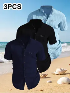 3-Pack Men's Summer Tropical Short Sleeve Button Front Shirts, Chest Print Design, Lightweight Breathable Solid Stand Collar Button Shirt, Ideal for Beach Poolwear