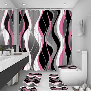 4Pcs Pink Shower Sets with Non-Slip Rugs, Lid Cover and Bath Mat, Black and Gray Set Accessories Waterproof Shower Curtains with 12, 72 x 76 Inch