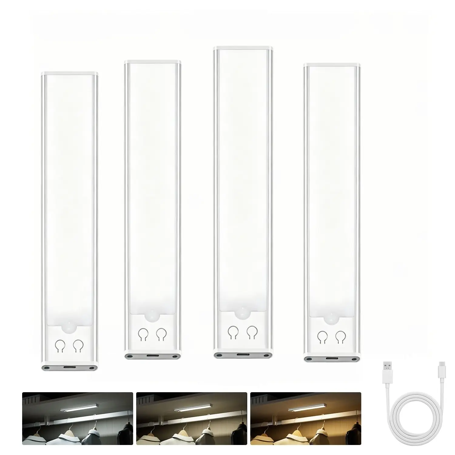 Under Cabinet Lighting, Motion Sensor, Rechargeable, 4 Pack Wireless with Adhesive, Dimmable, 3 Color Temperature Adjustable, Auto On/Off, Portable, For Stairs, Counter, Kitchen, Closet