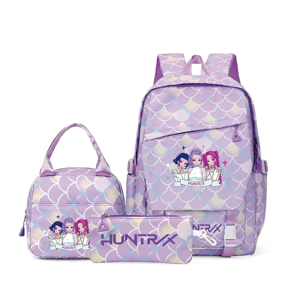 Men's Anime Girl Group Graphic 3-Piece Bag Set - Adjustable Buckle Straps, Side Water Bottle Pocket, Wear-Resistant, Multi-Compartment Casual Outdoor Travel Backpack Combo