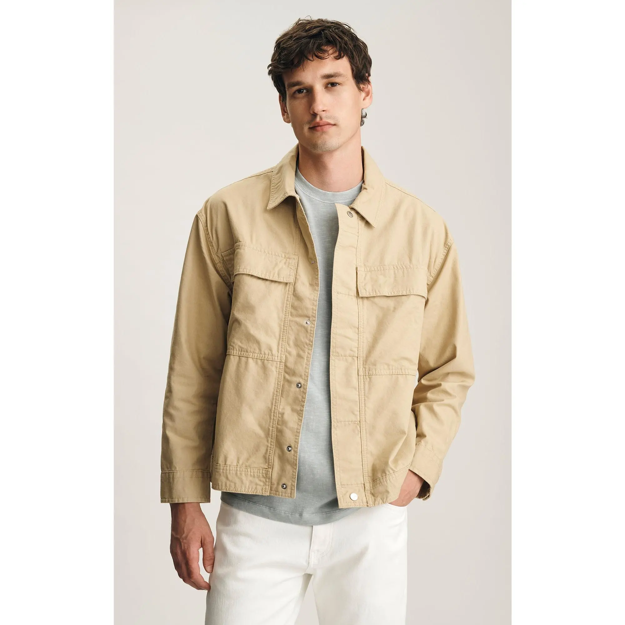 Men's Cotton Overshirt - Menswear Tops, Relaxed Fit Workwear, Long-Sleeve, Button Chest Pockets, Casual All-Day Spring Layer
