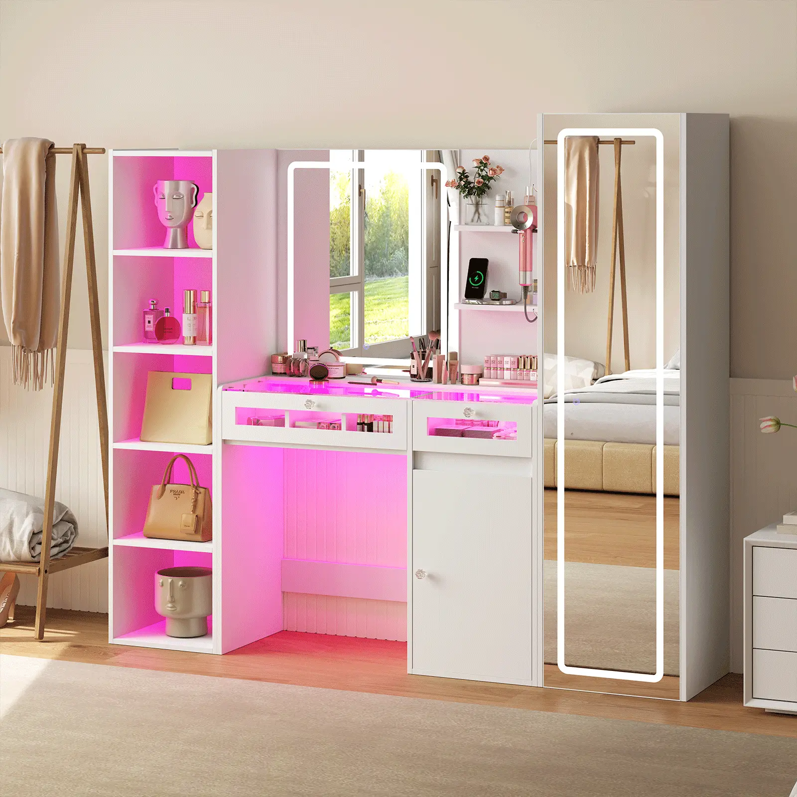 White Makeup Vanity Table with Lighted Mirror, RGB Drawers & Transparent LED Top, 5-Shelf Organizer, Charging Station & Power Outlet, Modern Wood Vanity Desk with Storage Drawers for Bedroom