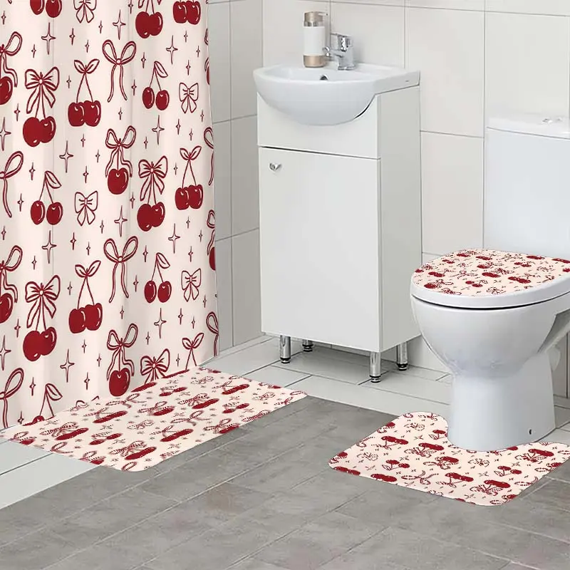 1/4pc yellow cherry bow pattern bathroom set, The 4-piece set includes a single shower curtain, anti slip floor mat, toilet U-shaped mat, toilet lid mat, with shower curtain hook, and belongs to bathroom decoration products