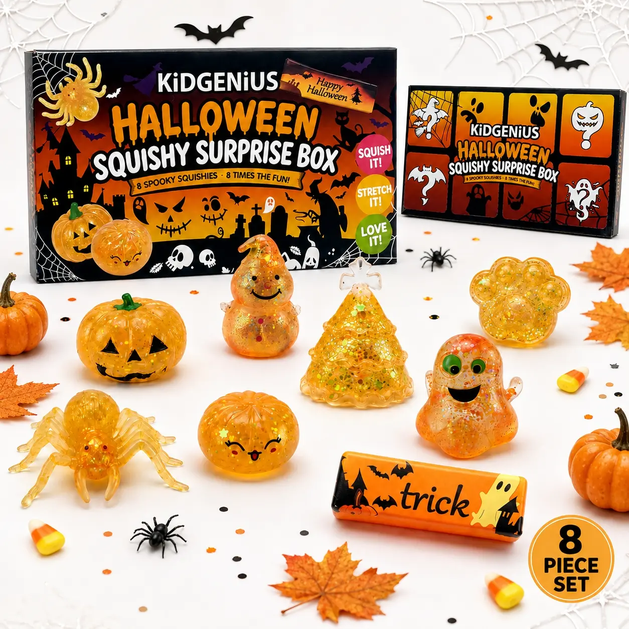 KidGenius Glitter Spooky Halloween Squishies Surprise Box Set - Stretchable, Soft Unisex Sensory Fidget Toys (Pumpkin, Spider, Ghost) - Stress Relief Kids' Party Favors
