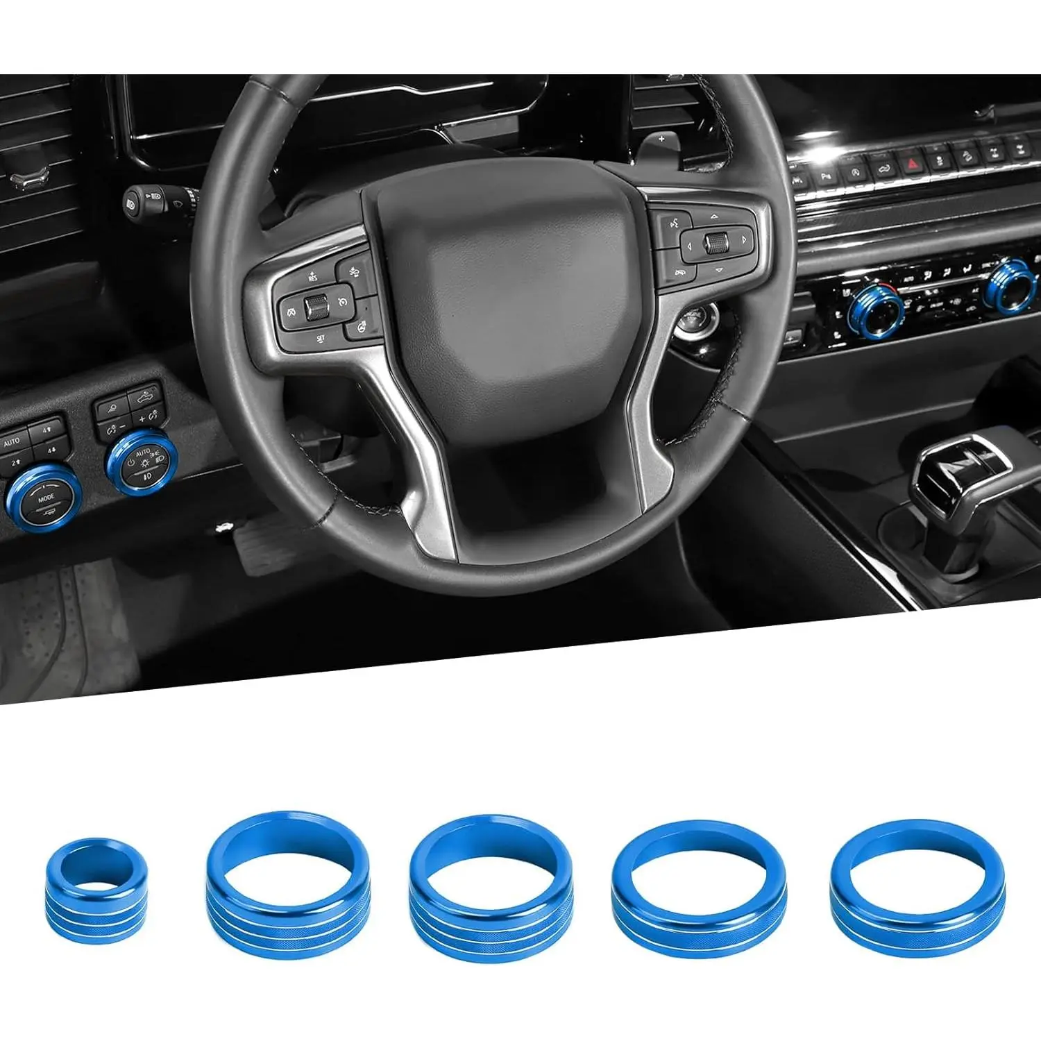 Blue Aluminum Alloy ABS Plastic Radio AC Knob Cover - AC Buttons Accent, Center Console Switch Trim with Switch Protection, Double-Tape Scratch Guard, High Class Decor for 2022-2025+ Chevy Silverado 1500, GMC Sierra Interior Accessories