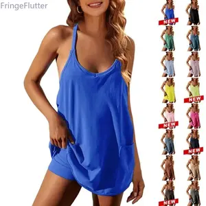 2026 New Women's Athletic Sleeveless Tennis Dress with Shorts & Pockets | Summer V-Neck Thin Strap Mini Dress