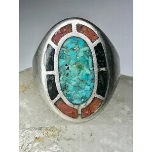 Navajo ring turquoise coral chips onyx band size 12.75 sterling silver women men