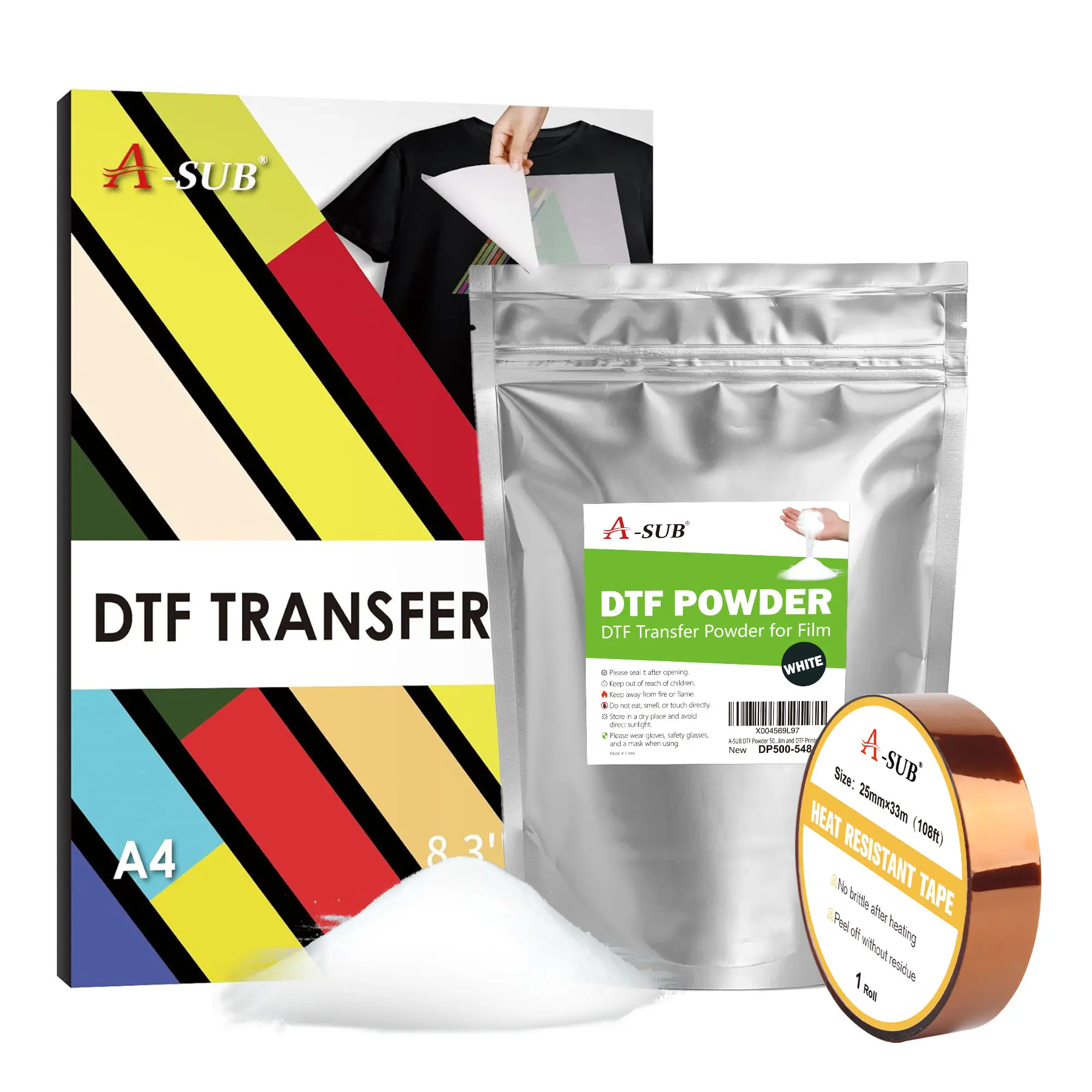 A-SUB DTF Kit for Beginners All in one9(DTF HACK is suitable for ordinary inkjet printers)(Including A4 DTF film×30 pcs / DTF Power 500g / Heart-resis