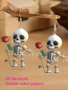 2pcs Acrylic Skull & Rose Earrings, Cute Halloween Witchy Jewelry for Women, Lightweight & Durable Gift for Anniversary