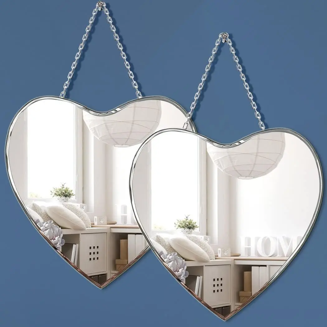 QMDECOR Heart Shaped Mirror with Iron Chain for Wall Decor 12x12 inch 2 Pack Wall Hang Real Glass Frameless Decorative Accent Mirror Glam