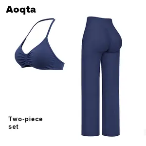 Aoqta Two-Piece Sporty Tracksuit Set - Blue Halter Ruched Bra & High Waist Wide Leg Pants, Soft Elastic Fitness Outfits for Yoga, Workout, Indoor & Outdoor Activities，Women's Ruched Sports Bra & High Waist Butt-Lifting Wide Leg Pants