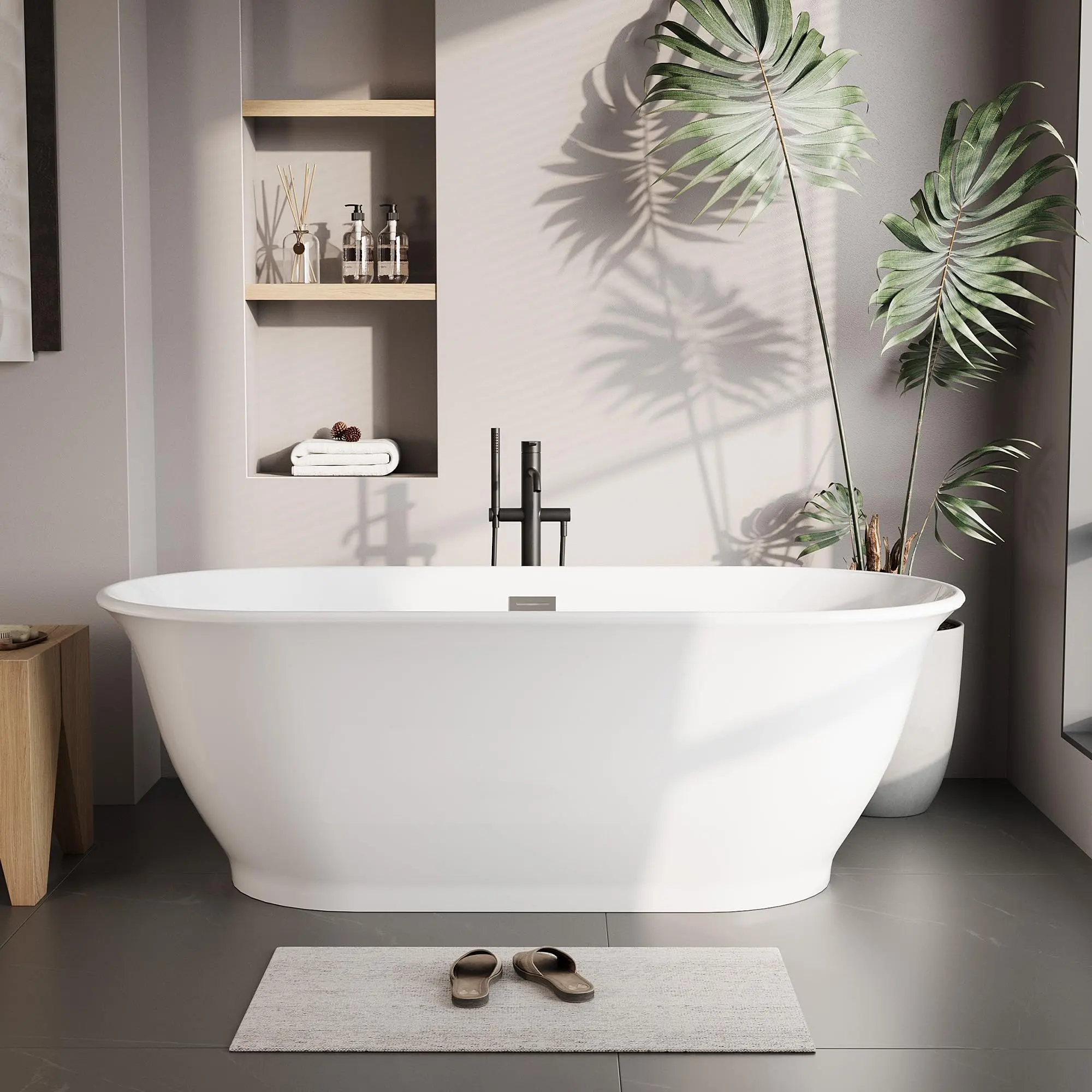 Garvee Freestanding Bathtub 59 Inch Oval Acrylic Soaking Tub – Glossy White Flared-Edge Free Standing Bath Tub with Pop-Up Drain & Overflow for Spa Bathrooms