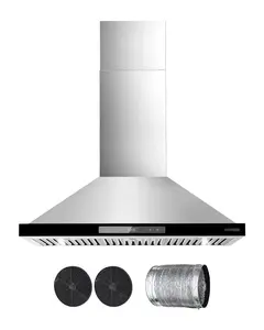 36-Inch Wall Mount Range Hood With Ceiling Mount Vent, 800 CFM High-Flow Kitchen Ventilation System, Gesture And Touch Control, Ducted Stainless Steel Hood, Quiet Operation, Easy Install, Brushed Finish, Open Kitchens