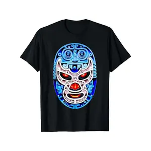 Demon Blue Lucha Libre Wrestler Aztec Design T Shirt 100% Cotton Casual Tshirts Crewneck T-Shirt Funny Short Sleeve Unisex Graphic Tee for Men Women Adults Classic Menswear Summer Fashion Streetwear Top Clothes Apparel Seamless Soft Gamis Shortsleeve