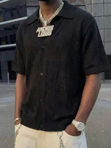 New Summer Button-Down Short Sleeve Knit Sweater, Hollow Out Texture Cross Stitch Dark Trendy Casual Top, Fashionable Leisure Wear, Man Shirts