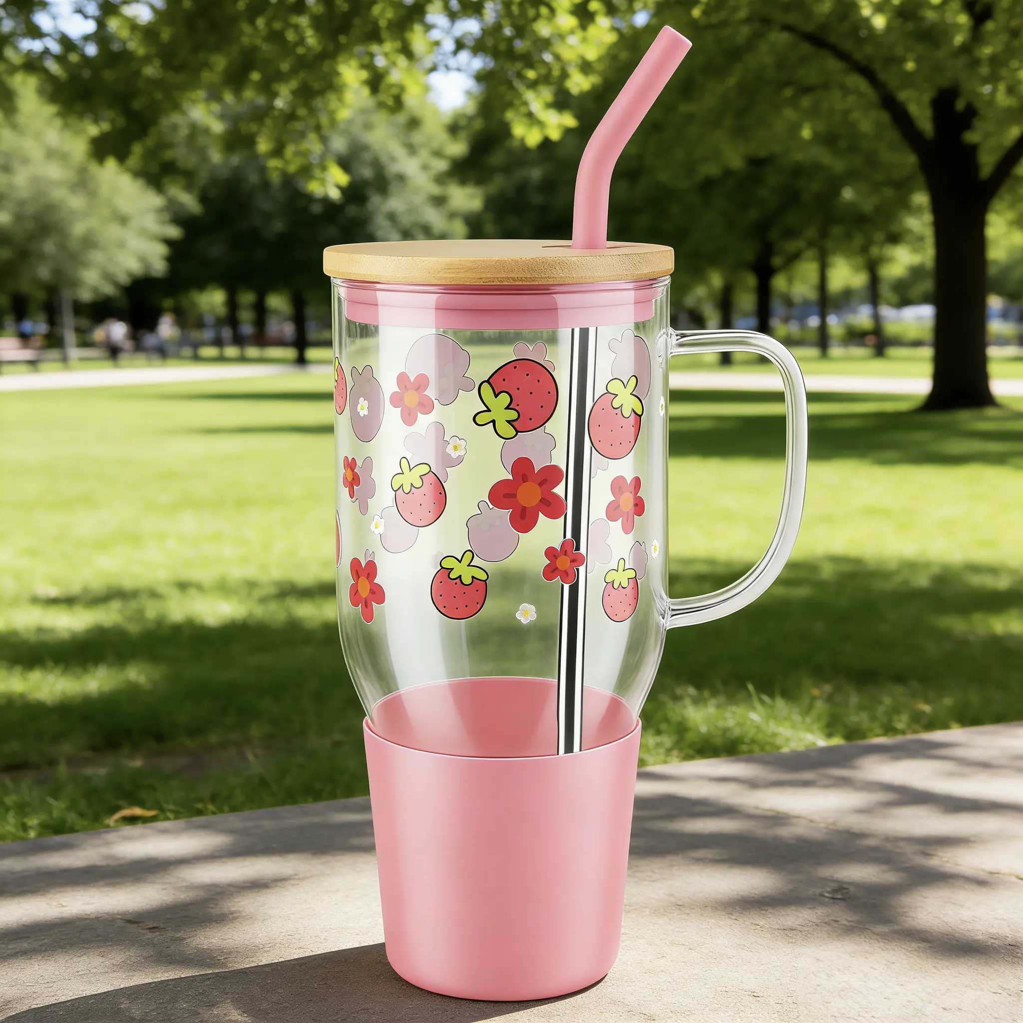 Stylish 40oz Sturdy Glug Glass Tumbler with Handle, Lid & Straw - Portable Reusable Beverage Cup for Women, Office, Beach Use