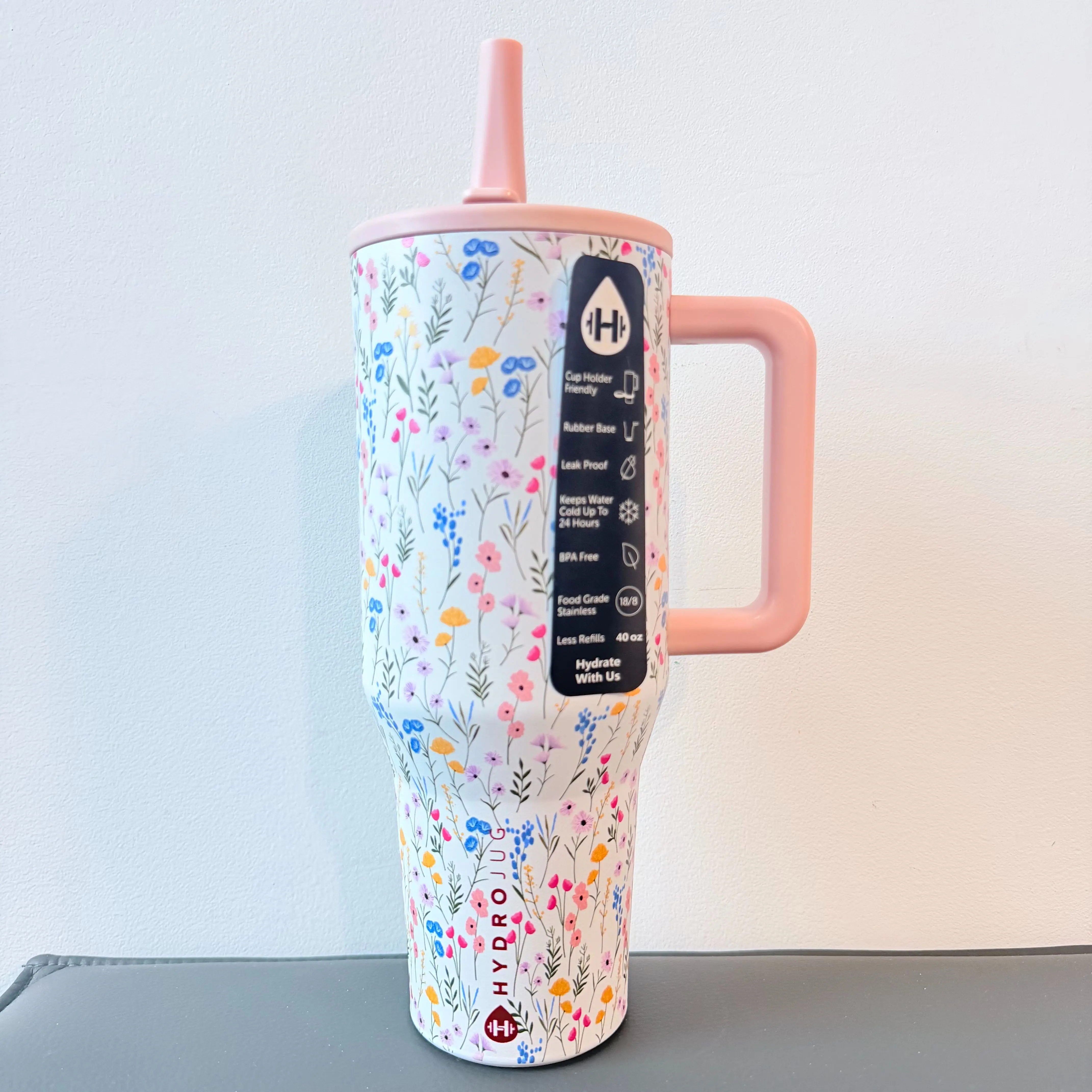 HydroJug 40oz Dainty Wildflower Insulated Tumbler - Drinkware Flask with Pink Handle Lid, Pastel Tiny Floral Pattern, Double Wall Stainless Steel, Leakproof Reusable Travel Cup for Car, Outdoor, Flasks