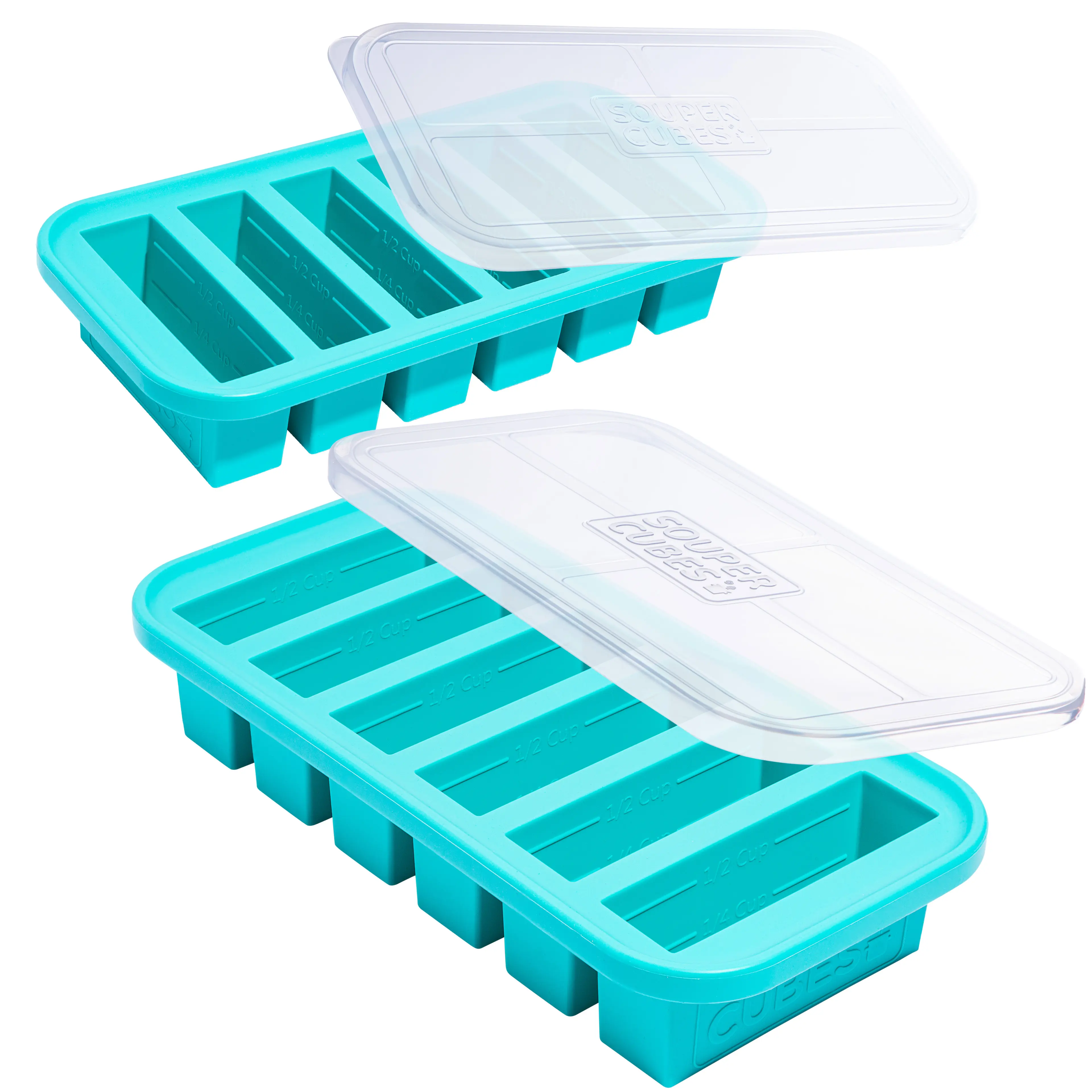 Souper Cubes Half Cup Silicone Freezer Trays with Lids, 2-Pack | 100% Platinum-Cured Silicone Freezer Meal Prep Containers, Oven and Microwave Safe, Perfect for Freezing Broth, Sauces, Sides, Rice and More, Kitchen Must Haves
