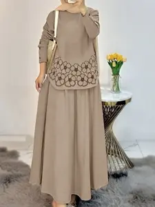 Women's Casual Set, Round Neck Long Sleeve Floral Print Top with Button Decoration, Elastic Waist A-Line Skirt, All Seasons Wear