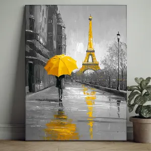 1-piece framed Paris Eiffel Tower canvas art print - modern comic style wall decoration, featuring bright yellow umbrellas and a rain scene, French architecture painting suitable for home office, ready to hang (natural wood frame, convenient hook installa