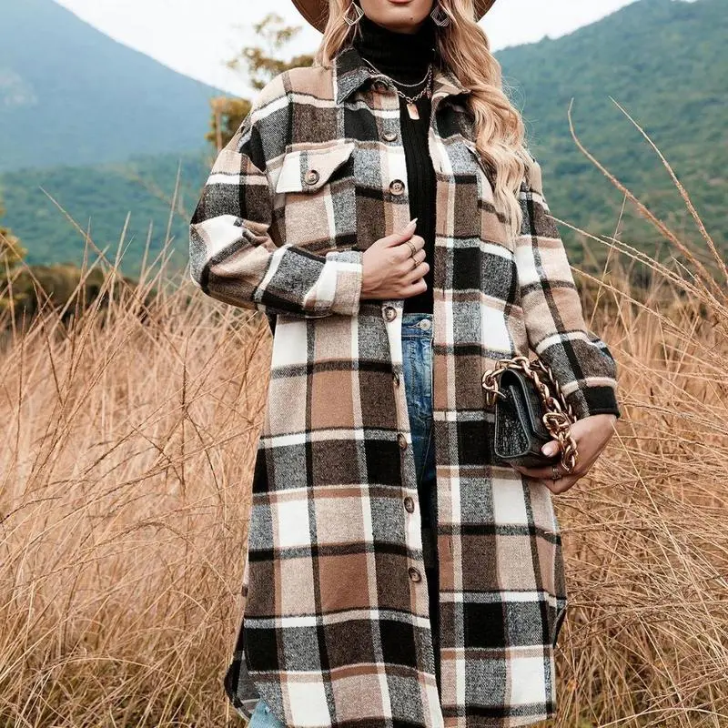 Women Fall Flannel Plaid Shacket Jacket Oversized Button Down Long Shirt Jacket