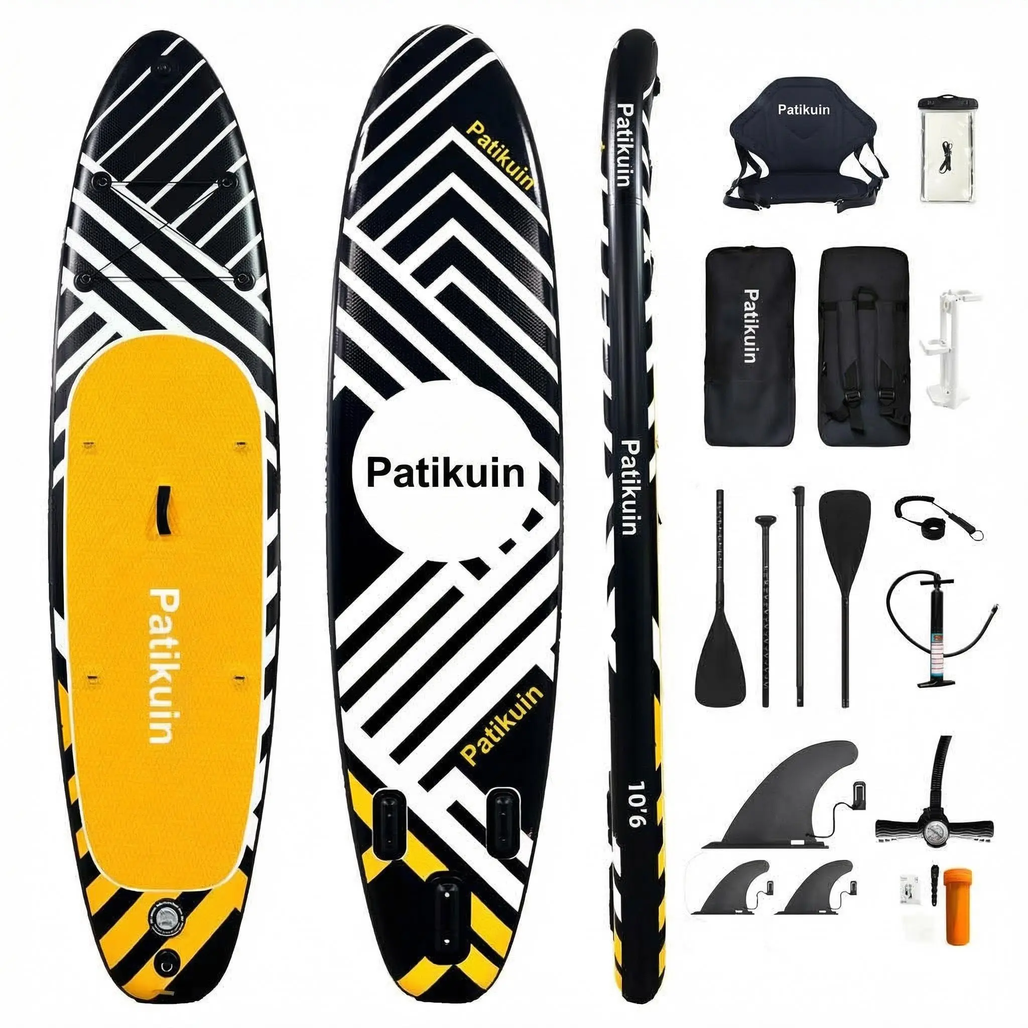 Black and White Stripes Portable Inflatable Switch SUP/Kayak for Adults - 10’6"x31.5"x6" Extra-Large Board, 400 Lbs Capacity, Double Blade Paddle, Built-In Camera Base, Touring Fin Tracking, Ergonomic Backpack, Kayak Seat, Yoga Use