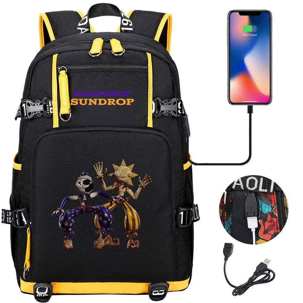 Game FNAF Sundrop & Moondrop Graphic School Backpack Built In Charging Cable Front Quick Access Zipper Pocket Lightweight Water Repellent Fabric Fashion Backpack For Teens Daily Use And Outdoor Travel