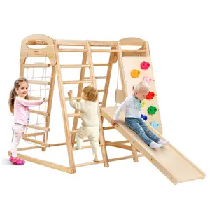 Fathersdaygift 7-in-1 Durable Solid Wood Toddler Indoor Playground Set, 43x47.2x47in  Equipment with Multi-Type Ladders, Swing, Monkey Bar, Wooden Slide, Climbing Wall, Playroom Organization Kids Climbing Toys