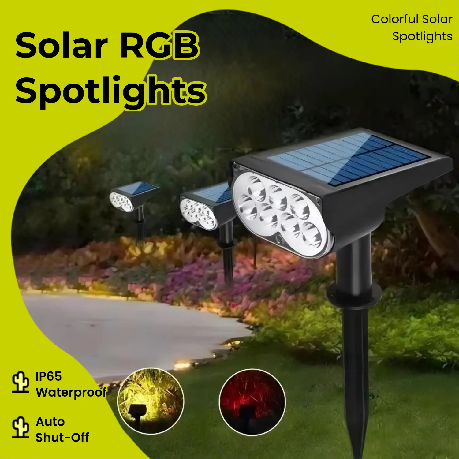 RGB Solar Powered Outdoor Spotlights - 7 LED Colorful, IP65 Rated Water Resistant Cordless, Built-in Panel, Auto Shut-Off, Adjustable Lighting Modes, Bulb Included Solar Courtyard Light for Patio, Garden