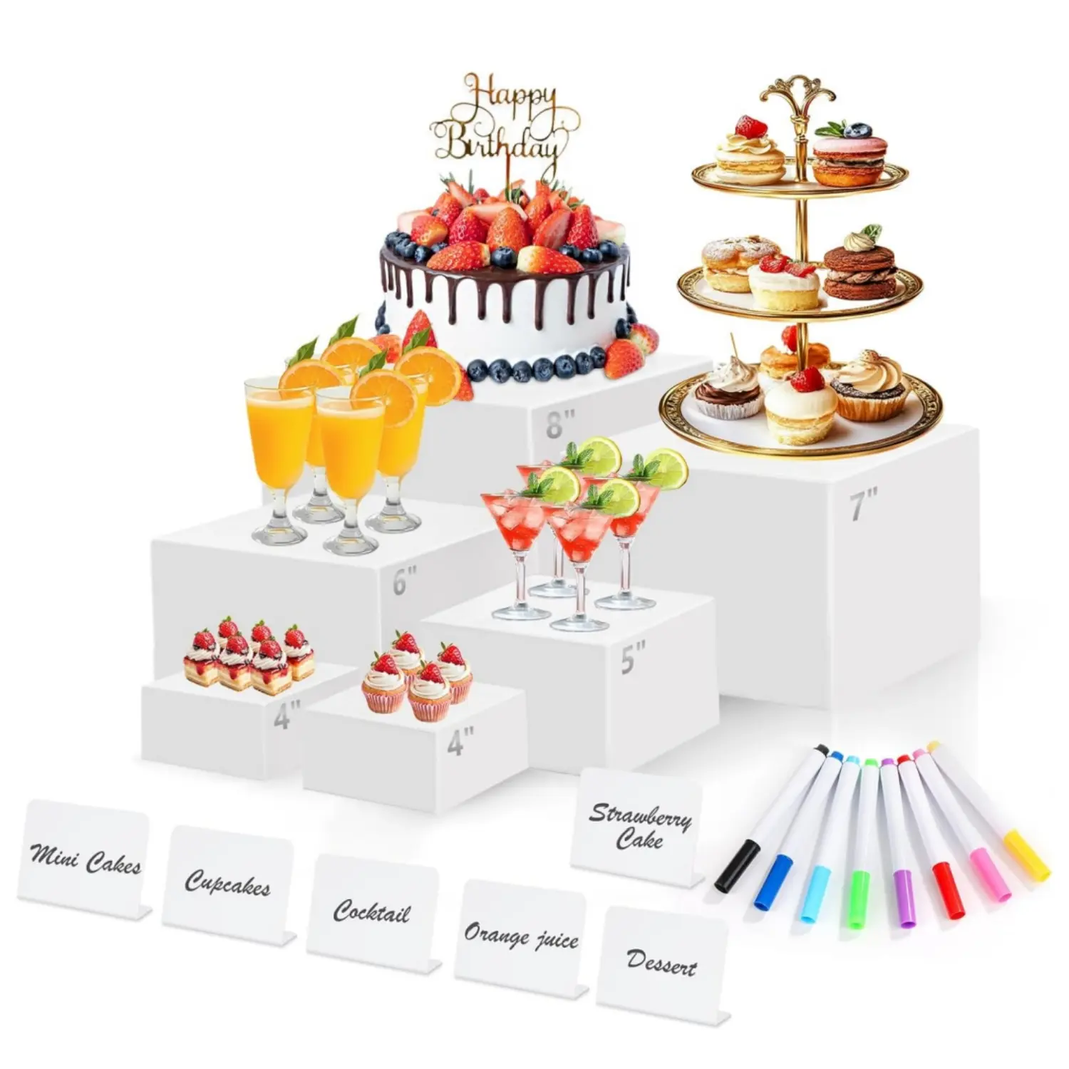 6PCS White Acrylic Buffet Risers with Mini Sign and Maker, Food Display Stands for Buffet Table Party Catering Dessert Jewelry Collectibles,Nesting Cube Boxes with Hollow Bottoms (8",7",6",5",4",4")