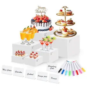 6PCS White Acrylic Buffet Risers with Mini Sign and Maker, Food Display Stands for Buffet Table Party Catering Dessert Jewelry Collectibles,Nesting Cube Boxes with Hollow Bottoms (8",7",6",5",4",4")