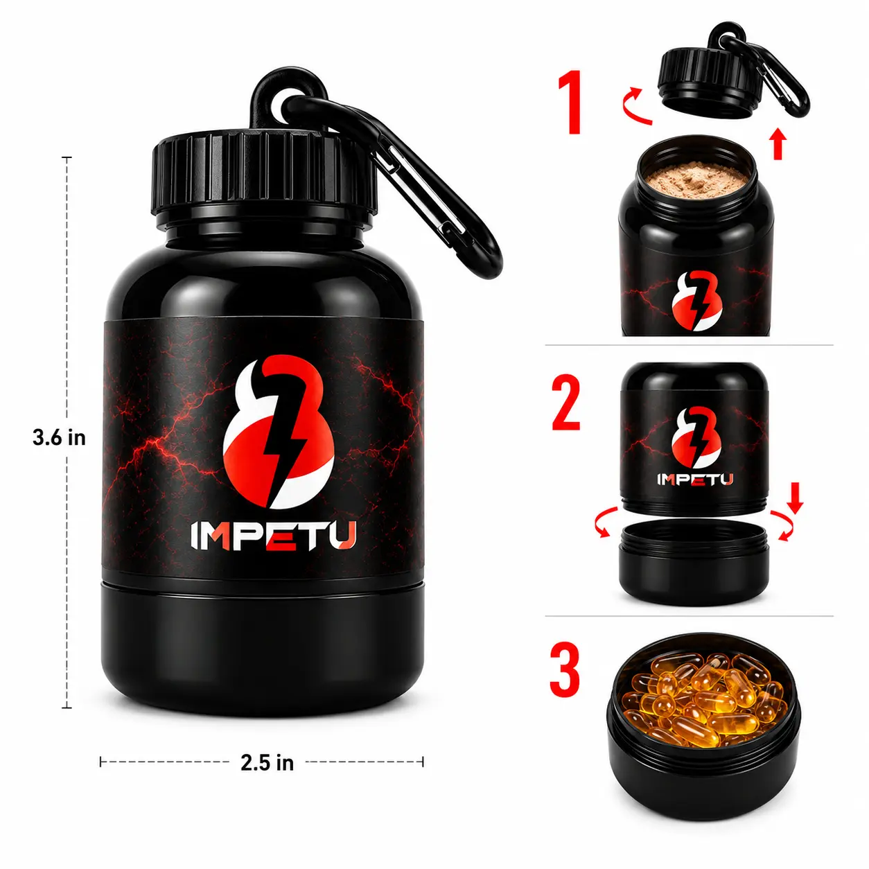 IMPETU Pill Case Keychain - Pre Workout & Supplement Container with Carabiner Clip | Travel Pill Organizer, Vitamin Holder for Gym Bag & Backpack