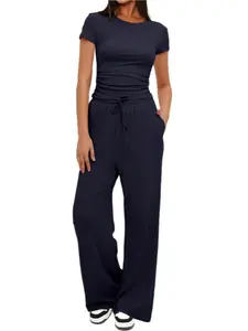 Women's Two-Piece Set, Plain Color Top & High-Waisted Pants, Sporty Style, Breathable Casual Wear, All Seasons, Sporty Style Outfits