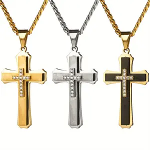 316L Stainless Steel Men'S Multi-Layer Cross Pendant with Necklace christmas party   boho style bangle  exquisite elegant light luxury jewelry  high-end  Steel ID  daily wear bracelet stack statement environmental band perfect gift stackable design men