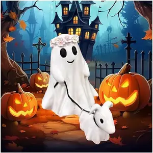 Ghost Walking Dog Statue,Ghost Walking His Ghost Dog Halloween Ghost Dog Statues Spooky Ghost Dog Halloween Figurine Home Tabletop Decorations  Gift Ornaments Handcrafted Unique Resin Ceramic