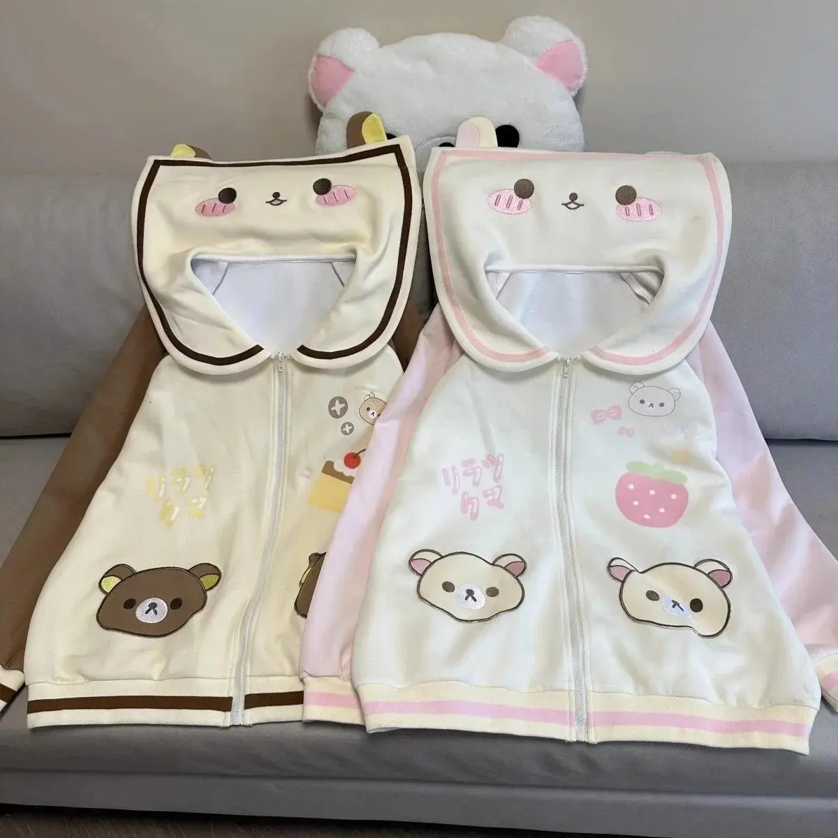 Rilakkuma Bear Ears Hooded Set 2025 Autumn Winter Kawaii Fluffy Two-Piece Jacket Pants for Women Girls Loungewear