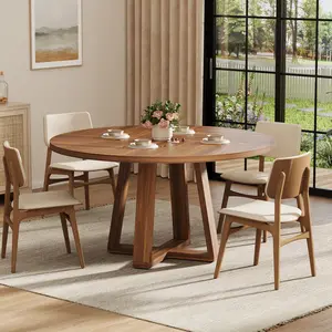 OUTGOODS Modern Farmhouse Round Dining Table, 47-in Wood Table for 4-6 People, Sturdy Wooden Cross Base, Space-Saving for Apartment & Kitchen Dining Room