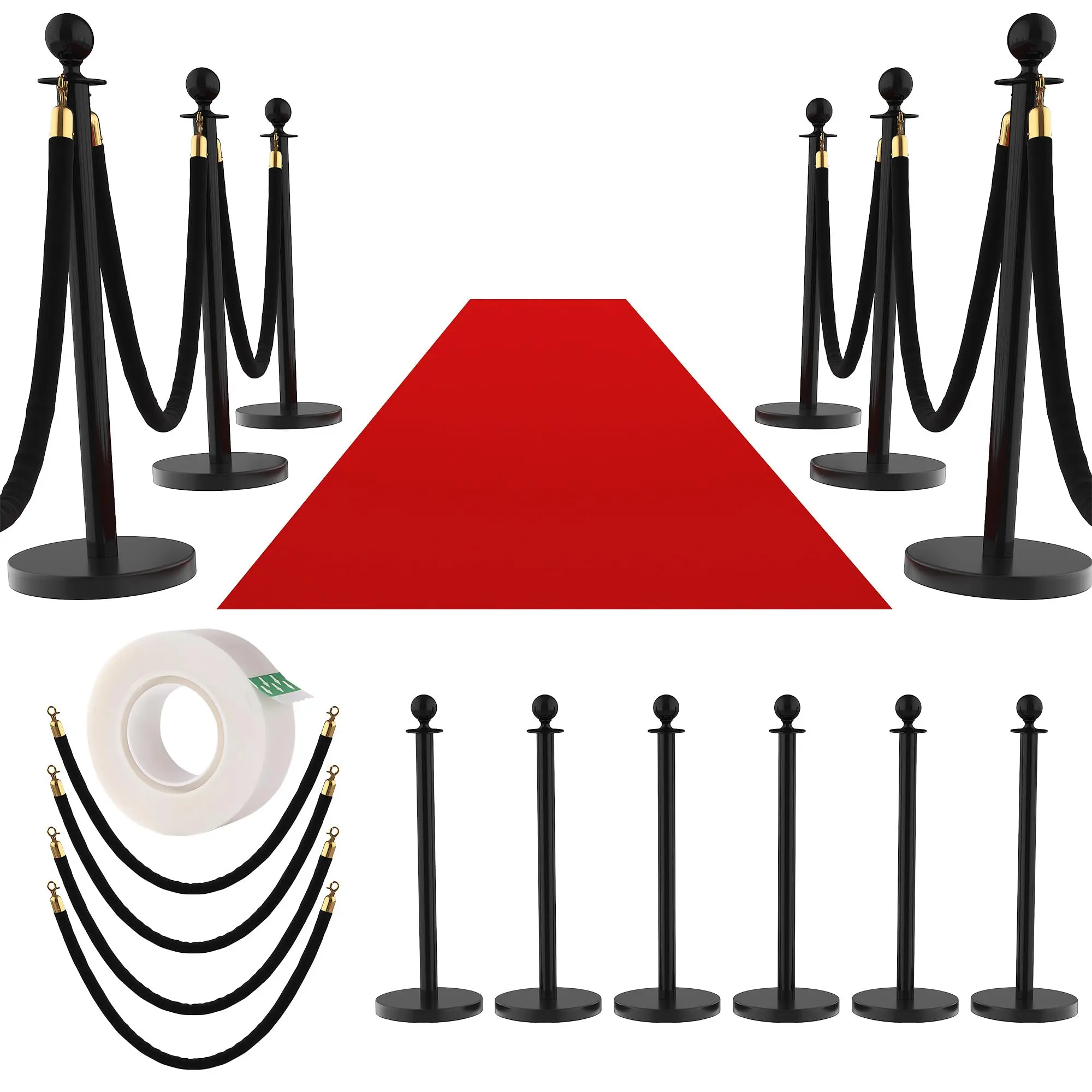 12PCS Stainless Steel Crowd Control Stanchions with 10 Velvet Ropes, 26FT Red Carpet, Iron Concrete-Filled Bases, 5FT Retractable Belts, No-Tools-Required Assembly, Safety Barriers for Hotel, Wedding Events
