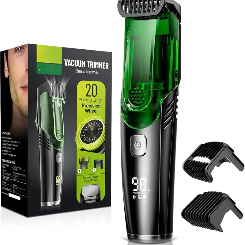 2026 Vacuum Beard Trimmer Model, Cordless Waterproof Shaver,IPX7 Waterproof, with Adjustable Length Comb-Built-in Vacuum for Sideburns/Stubble