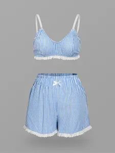 Blue Striped Women's Homecoming Set Two-Piece, Sleeveless Top Short Dress, Bowknot Shorts Lace Trim, Comfortable & Stylish