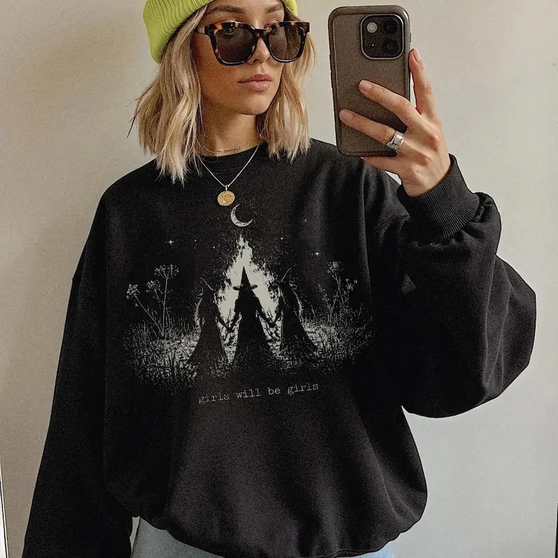 Vintage Girls Will Be Girls Witch Sweatshirt: Halloween Women Sweatshirt, Feminist Witch Shirt, Dark Humor Feminist