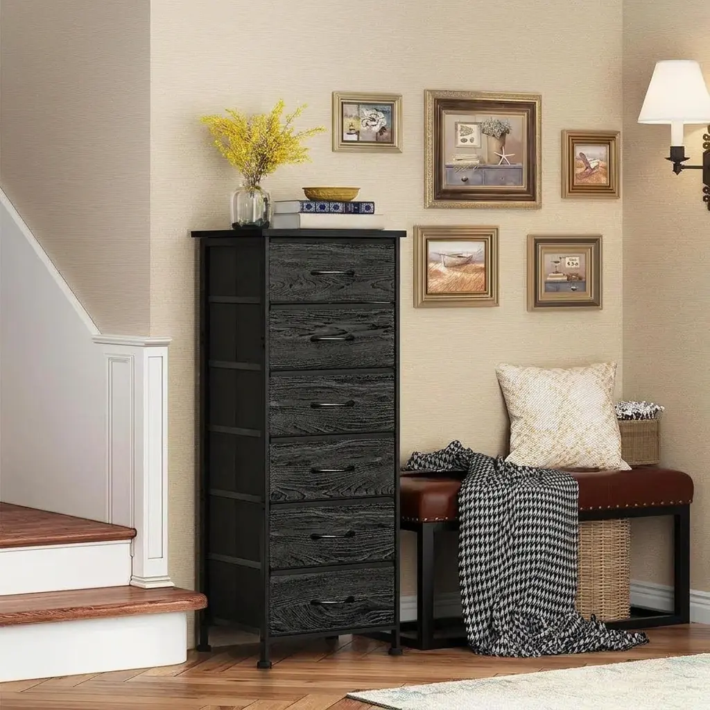 6-Drawer Tall Fabric Bin Dresser with Wood Top & Metal Frame - Space-Saving Clothing Storage Cabinet, Anti-Tip Safety Design Organizer Unit, Easy Setup for Bedroom Closet Nightstand-Style Storage Tower