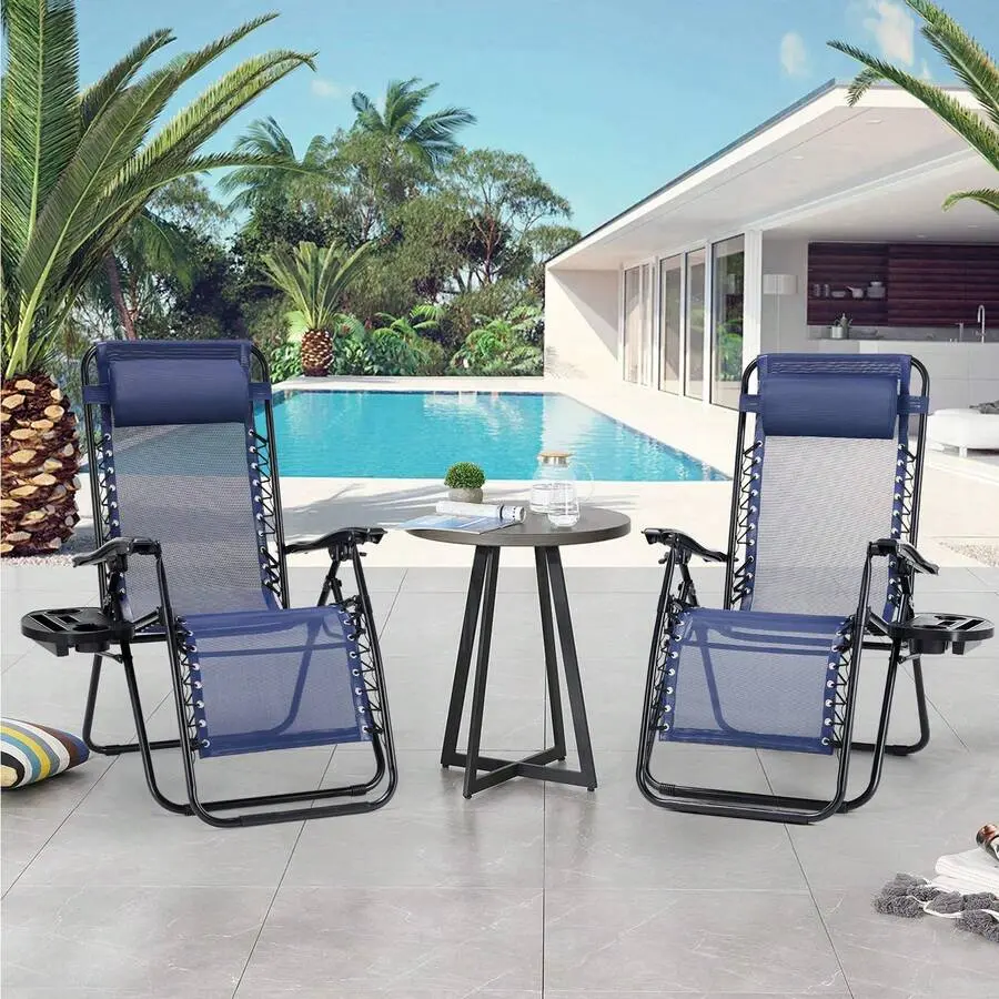 2-Pack Folding Lawn Chairs - Reclining Outdoor Chairs with Ergonomic Adjustable Angle, Sturdy Steel & Mesh Support, Outdoor Seating with Pillow & Cup Holder for Pool, Beach, Folding Lawn Chair